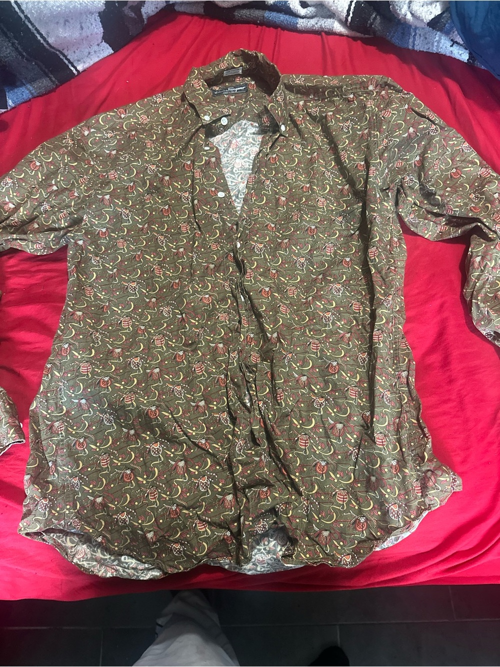 Men's Olive Saddles Print Salvatore Ferragamo Mens dress shirt Size L